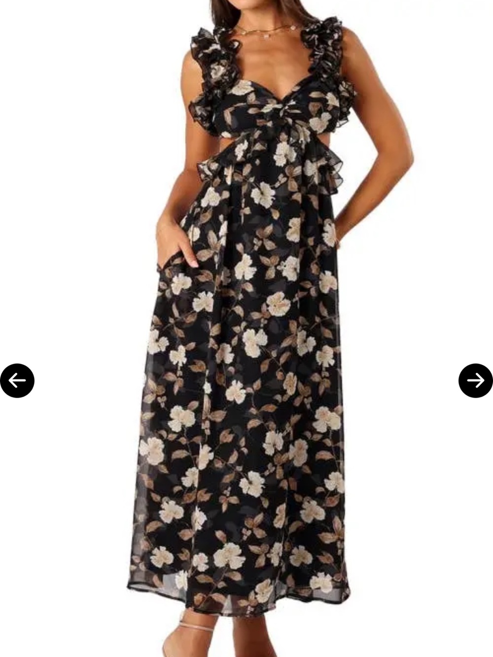 Petal & Pup Black Maxi Dress with Cream Floral Print and Brown Leaves